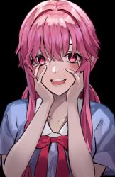 Rule 34 | 1girl, absurdres, black background, blush, gasai yuno, highres, looking at viewer, mirai nikki, open mouth, pink background, pink hair, red ribbon, ribbon, smile, tetto (onnoveltet), upper body, yandere, yandere trance