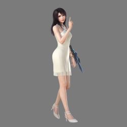 Rule 34 | 1girl, 3d, absurdres, alternate costume, bare shoulders, black hair, brown hair, dissidia final fantasy, dissidia final fantasy nt, dress, final fantasy, final fantasy viii, full body, grey background, high heels, highres, index finger raised, long hair, looking at viewer, multicolored hair, official art, rinoa heartilly, simple background, smile, solo, square enix, two-tone hair, weapon, white dress, white footwear