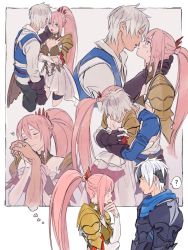 Rule 34 | 1boy, 1girl, alphen (tales), armor, armored dress, blush, broken mask, closed eyes, hair ornament, holding hands, hand on another&#039;s face, highres, hug, imagining, imminent kiss, mask, pink hair, ponytail, scarf, shionne (tales), silver hair, tales of (series), tales of arise, yuue0925