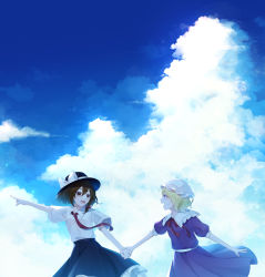Rule 34 | 2girls, :d, absurdres, black headwear, black skirt, blonde hair, blue sky, bow, brown hair, cloud, collared dress, collared shirt, commentary request, cumulonimbus cloud, dress, feet out of frame, hair bow, hat, hat bow, highres, holding hands, looking at another, maribel hearn, medium hair, mob cap, multiple girls, neck ribbon, necktie, open mouth, pointing, profile, puffy short sleeves, puffy sleeves, purple dress, purple eyes, red bow, red necktie, red ribbon, ribbon, shinketsu kanyu, shirt, short sleeves, skirt, sky, smile, touhou, usami renko, white bow, white headwear, white shirt