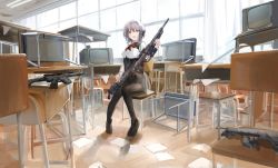 Rule 34 | :d, black corset, black footwear, black pants, black skirt, bow, bowtie, breasts, ceiling light, chair, classroom, corset, crt, curtains, day, desk, dot nose, grey hair, gun, hair between eyes, highres, holding, holding gun, holding weapon, indoors, korean commentary, loafers, looking at viewer, medium breasts, medium hair, open mouth, original, pants, paper, pink eyes, red bow, red bowtie, rifle, school chair, school desk, shirt, shoes, sitting, skirt, smile, teeth, television, upper teeth only, weapon, white curtains, white shirt, window, yunara