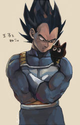 Rule 34 | 1boy, animal, armor, black eyes, black hair, cat, crossed arms, dragon ball, dragonball z, frown, grey background, looking at another, male focus, mkmksan, serious, simple background, spiked hair, tama (dragon ball), translation request, vegeta