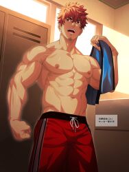 Rule 34 | 1boy, abs, absurdres, bara, facial hair, hifumi (3b x), highres, holding, holding towel, indoors, large pectorals, locker, locker room, male focus, muscular, muscular male, navel, nipples, open mouth, orange hair, original, paid reward available, pectorals, red shorts, short hair, shorts, smile, solo, topless male, towel, translation request