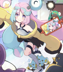 Rule 34 | &gt; &lt;, 1girl, bare shoulders, bellibolt, blue hair, blush, bow-shaped hair, character hair ornament, closed mouth, commentary request, creatures (company), flying sweatdrops, game freak, gen 4 pokemon, grey pantyhose, hair ornament, haru (haruxxe), hexagon print, highres, iono (pokemon), jacket, leg up, long hair, mismagius, motion lines, multicolored hair, nintendo, out of frame, oversized clothes, pantyhose, pink eyes, pink hair, pokemon, pokemon (creature), pokemon sv, rotom, rotom phone, sharp teeth, shinx, single leg pantyhose, sleeves past fingers, sleeves past wrists, smile, split-color hair, standing, standing on one leg, star (symbol), sweat, teeth, trembling, two-tone hair, very long hair, very long sleeves, wattrel, x, yellow jacket