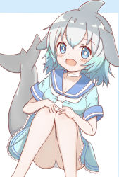 Rule 34 | 1girl, :d, animal ears, blue background, blue dress, blue eyes, blue hair, blue sailor collar, blush, breasts, cetacean tail, choker, collarbone, commentary request, common bottlenose dolphin (kemono friends), dress, feet out of frame, fins, fish tail, grey hair, hands on own knees, highres, kemono friends, knees together feet apart, knees up, long hair, looking at viewer, medium breasts, multicolored hair, neckerchief, open mouth, panties, sailor collar, sailor dress, short sleeves, sitting, smile, solo, sunanuko (ramuneko), tail, two-tone background, two-tone hair, underwear, white background, white choker, white neckerchief, white panties
