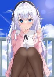Rule 34 | 1girl, artist request, black pants, blue eyes, blush, bow, bowtie, breasts, cardigan, grey skirt, hair between eyes, hair ornament, hanonokusa, highres, large breasts, long hair, long sleeves, looking at viewer, open cardigan, open clothes, original, outdoors, pants, pantyhose, shirt, skirt, smile, sweater, white hair