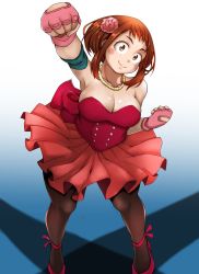 Rule 34 | 10s, 1girl, adahcm, armpits, black pantyhose, blush, blush stickers, boku no hero academia, breasts, brown eyes, brown hair, clenched hands, collarbone, dress, fingerless gloves, flower, flower on head, full body, gloves, highres, jewelry, large breasts, looking at viewer, necklace, pantyhose, pearl necklace, pink gloves, short hair, skirt, smile, solo, strapless, strapless dress, uraraka ochako