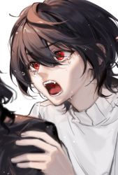 Rule 34 | 1boy, black hair, crying, ensemble stars!, fangs, grabbing, hair over eyes, hand on another&#039;s shoulder, hand up, highres, long sleeves, looking at another, looking away, male focus, open mouth, out of frame, portrait, red eyes, sakuma ritsu, screaming, short hair, simple background, sketch, solo focus, sweater, tears, tongue, turtleneck, turtleneck sweater, white background, white sweater, woshayangmei