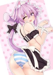 Rule 34 | 1girl, animal ears, ass, blush, breasts, cat ears, cat tail, dress, dura, frilled dress, frills, from behind, hair between eyes, highres, looking at viewer, maid, maid headdress, neptune (neptunia), neptune (series), open mouth, panties, paw pose, purple eyes, purple hair, short hair, small breasts, smile, solo, striped clothes, striped panties, tail, underwear, wrist cuffs