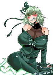 Rule 34 | 1girl, bare shoulders, blush, breasts, clenched teeth, collarbone, commentary request, dress, ghost tail, green eyes, hat, heiseikorotaisei, hip focus, huge breasts, sharp teeth, short hair, silver hair, simple background, soga no tojiko, teeth, touhou, white background