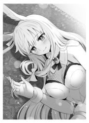 Rule 34 | 1girl, breasts, carpet, fate/grand order, fate (series), gloves, greyscale, hair ribbon, long hair, looking at viewer, lying, meiji ken, monochrome, on side, ribbon, smile, solo, thrud (fate), upper body, valkyrie (fate)