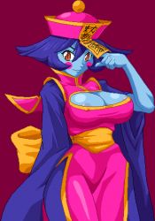 Rule 34 | 1girl, blue hair, blue skin, blush stickers, breasts, capcom, china dress, chinese clothes, cleavage cutout, clothing cutout, colored skin, covered erect nipples, dress, hat, jiangshi, large breasts, lei lei, looking at viewer, lowres, pixel art, simple background, solo, vampire (game), warner