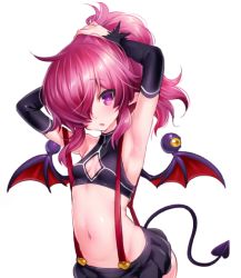 Rule 34 | 1girl, adjusting hair, armpits, arms up, bare shoulders, black border, black skirt, blush, border, breasts, cleavage, cleavage cutout, clothing cutout, crop top, demon girl, demon tail, demon wings, detached sleeves, hair over one eye, heart, heart tail, hizuki akira, looking at viewer, microskirt, midriff, miniskirt, navel, open mouth, original, pink hair, pleated skirt, pointy ears, purple eyes, shiny skin, shirt, simple background, skirt, sleeveless, sleeveless shirt, small breasts, solo, suspenders, tail, white background, wings