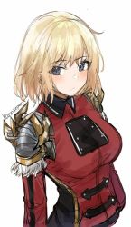 Rule 34 | 1girl, black collar, blonde hair, blue eyes, breasts, cha hae-in, closed mouth, collar, embarrassed, frown, highres, kanniiepan, long sleeves, medium breasts, red uniform, short hair, shoulder guard, sketch, solo, solo leveling, third-party source, upper body, white background
