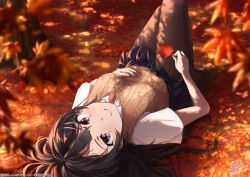 Rule 34 | 1girl, autumn, autumn leaves, black hair, black pantyhose, blue eyes, blue skirt, breasts, brown sweater vest, closed mouth, dated, full body, hair ornament, hairclip, hand on own stomach, highres, holding, holding leaf, leaf, loafers, long hair, looking at viewer, lying, maple leaf, miniskirt, on back, on ground, outdoors, pantyhose, pleated skirt, raiz art works, sakurajima mai, seishun buta yarou, shirt, shoes, signature, skirt, small breasts, solo, sweater vest, white shirt