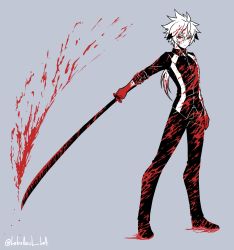 Rule 34 | 1boy, blood, blood in hair, blood on clothes, blood on face, blood on hands, bloody weapon, chung seiker, closed mouth, elsword, fatal phantom (elsword), grey background, greyscale, hair between eyes, highres, holding, holding sword, holding weapon, katana, loboazul loa, long hair, male focus, monochrome, signature, simple background, solo, spot color, standing, sword, twitter username, weapon