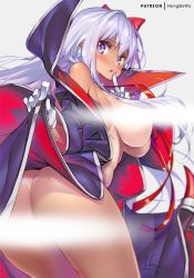 Rule 34 | 10s, 1girl, armpits, ass, bb (fate), bb (fate) (all), bb (swimsuit mooncancer) (fate), bb (swimsuit mooncancer) (third ascension) (fate), blurry, breasts, cape, cape lift, censored, censored nipples, cloak, colored eyelashes, commentary, convenient censoring, cowboy shot, depth of field, embarrassed, fate/extra, fate/extra ccc, fate/grand order, fate (series), from behind, from side, gloves, grey background, hair between eyes, hair ribbon, high collar, hong (white spider), index finger raised, large breasts, leaning forward, lifting own clothes, light censor, long hair, looking at viewer, naked cape, neck ribbon, nude, one-, one-piece swimsuit, one-piece tan, purple eyes, purple hair, red ribbon, ribbon, signature, simple background, solo, standing, swimsuit, tan, tanline, thighs, two-sided cloak, two-sided fabric, very long hair, white gloves, white one-piece swimsuit