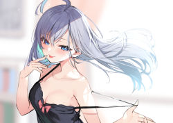 Rule 34 | 1girl, blue eyes, blurry, blurry background, blush, breasts, cleavage, hand on own face, long hair, looking away, mizuiro raika, original, presenting shoulder, shadow, small breasts, smile, solo, teasing, tongue, tongue out, upper body, white hair