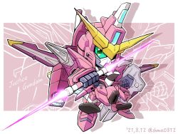 Rule 34 | beam saber, character name, chibi, clenched hands, dated, double-blade, floating, gundam, gundam seed, holding, holding shield, holding weapon, justice gundam, mecha, mobile suit, robot, science fiction, shield, shokkaa (shmz61312), solo, twitter username, v-fin, weapon, zoom layer