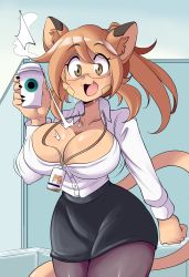 Rule 34 | 1girl, :3, absurdres, animal ears, arms up, bouncing breasts, breasts, cat ears, cat girl, cat tail, cleavage, curvy, fang, full body, furry, glasses, goya (lucyfer), high ponytail, highres, large breasts, long hair, lucyfer, nervous smile, open mouth, original, ponytail, shiny clothes, simple background, smile, sweat, tail, wardrobe malfunction, wide hips