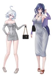 Rule 34 | 2girls, :d, absurdres, ahoge, alternate costume, armpits, bare shoulders, blue eyes, blue hair, breasts, cleavage, clorinde (genshin impact), collarbone, commentary request, dongtan dress, dress, flip-flops, full body, furina (genshin impact), genshin impact, grey dress, hand on own hip, highres, ilbanseomin, jacket, jewelry, large breasts, long hair, long sleeves, looking at viewer, meme attire, multiple girls, necklace, off-shoulder dress, off shoulder, open mouth, pencil dress, purple eyes, purple jacket, sandals, shoes, short dress, short hair, simple background, single bare shoulder, sleeveless, sleeveless dress, small breasts, smile, sneakers, standing, very long hair, white background, white hair