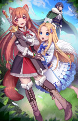 Rule 34 | 1boy, 2girls, animal ear fluff, animal ears, armor, armored gloves, barefoot, belt, belt buckle, blonde hair, blue eyes, blue hair, blue sky, boots, bow, bowtie, bracelet, brown hair, buckle, cape, closed mouth, cloud, dark blue hair, dot nose, dress, ears, eyebrows, eyelashes, feathers, filo (tate no yuusha no nariagari), fox girl, fox tail, gem, gloves, grass, green eyes, hair between eyes, hair ornament, hair over one eye, hair tubes, highres, holding, holding hands, holding weapon, iwatani naofumi, jewelry, kamaniki, leaf, leather belt, long hair, long image, looking at viewer, multiple girls, open mouth, pants, raphtalia, red eyes, scabbard, sheath, shoelaces, sky, sword, tail, tall image, tate no yuusha no nariagari, teeth, upper teeth only, watermark, weapon, wings