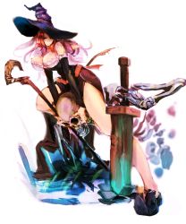 Rule 34 | 1girl, bare shoulders, between thighs, blue eyes, breasts, cleavage, detached sleeves, dragon&#039;s crown, dress, hat, highres, huge breasts, legs up, long hair, orange hair, simple background, skeleton, so-bin, solo, sorceress (dragon&#039;s crown), staff, strapless, strapless dress, sword, thighs, weapon, witch hat