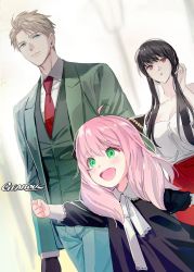Rule 34 | 1boy, 2girls, :d, anya (spy x family), artist name, black hair, blazer, blonde hair, blue eyes, child, clenched hand, collared shirt, dress, dutch angle, formal, gearous, green eyes, highres, jacket, multiple girls, necktie, open mouth, pink hair, red eyes, shirt, skirt, smile, spy x family, suit, twilight (spy x family), yor briar