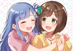 Rule 34 | 2girls, ^ ^, animal background, asari nanami, bead necklace, beads, blue hair, blush, bow, breasts, brown hair, cat, closed eyes, collarbone, dot nose, fang, fish, fish hair ornament, green eyes, green ribbon, hair bow, hair ornament, hair ribbon, hair rings, hand on another&#039;s head, hands up, hug, hug from behind, idolmaster, idolmaster cinderella girls, idolmaster cinderella girls starlight stage, jewelry, large breasts, long hair, looking at another, maekawa miku, multiple girls, necklace, open mouth, own hands together, pink shirt, ribbon, shirt, short hair, short sleeves, small breasts, smile, teeth, tori ririisu, upper body, upper teeth only, very long hair, white background, yellow shirt