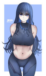 Rule 34 | 1girl, absurdres, arms behind back, bare shoulders, blue archive, blue background, blue eyes, blue hair, blue pants, blue shirt, border, breasts, commentary, cowboy shot, crop top, gluteal fold, groin, highres, large breasts, leggings, long hair, looking at viewer, midriff, navel, no headwear, outside border, pants, saori (blue archive), shirt, sleeveless, sleeveless shirt, solo, standing, stomach, thighs, very long hair, white border, zeinvultrum