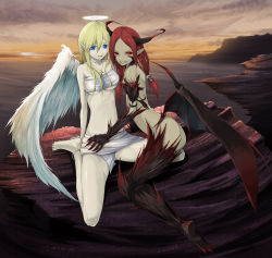 Rule 34 | 2girls, angel, angel and devil, arm support, bare legs, bare shoulders, barefoot, blonde hair, blue eyes, demon, female focus, jewelry, long hair, looking at viewer, multiple girls, necklace, original, red eyes, red hair, sarashi, sitting, smile, tyappygain, wings, yuri