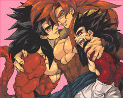 Rule 34 | 1990s (style), 3boys, abs, arm around shoulder, bad id, bad pixiv id, black hair, blue eyes, body fur, dragon ball, dragon ball gt, evil grin, evil smile, gloves, gogeta, grin, looking at viewer, male focus, multiple boys, muscular, nitako, no nipples, open mouth, red hair, retro artstyle, smile, son goku, spiked hair, super saiyan, super saiyan 4, sweat, tail, tongue, tongue out, topless male, vegeta, yellow eyes