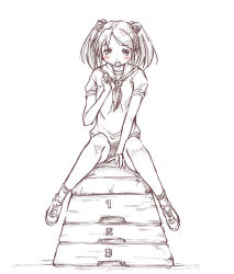 Rule 34 | 1girl, 98se-tan, between legs, blush, full body, greyscale, hair bobbles, hair ornament, hairclip, hand between legs, looking at viewer, monochrome, neckerchief, os-tan, puffy short sleeves, puffy sleeves, school uniform, serafuku, shoes, short hair, short sleeves, simple background, sitting, sketch, sneakers, socks, solo, spot color, twintails, vaulting horse, white background