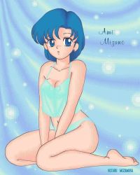 Rule 34 | 1girl, barefoot, bishoujo senshi sailor moon, blue background, blue camisole, blue eyes, blue hair, blue panties, blush, bow, bow camisole, breasts, bubble background, camisole, collarbone, earrings, hands between legs, jewelry, kneeling, looking at viewer, medium breasts, mizumura hotaru, mizuno ami, navel, open mouth, panties, short hair, underwear