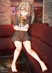 Rule 34 | 1girl, barefoot, black shirt, blush, boko (girls und panzer), breasts, brown eyes, cameltoe, closed mouth, couch, covered navel, girls und panzer, highres, impossible clothes, impossible shirt, indoors, looking at viewer, megadeko, on couch, shimada arisu, shirt, sitting, small breasts, smile, solo, stuffed toy, white hair