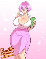 Rule 34 | 1girl, agawa ryou, artist name, bad id, bad tumblr id, breasts, cleavage, female focus, formal, glasses, green eyes, huge breasts, large breasts, lips, office lady, pantyhose, pencil skirt, pink hair, short hair, skirt, skirt suit, smile, solo, suit, teacher, thick lips, thick thighs, thighs, watermark, web address, wide hips