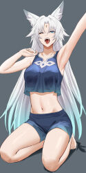 1girl absurdres animal_ear_fluff animal_ears anoreika_tomoe armpits bare_legs barefoot blue_eyes blue_shirt blue_shorts breasts collarbone commentary crop_top feet feixiao_(honkai:_star_rail) forehead_jewel fox_ears fox_girl gradient_hair green_hair grey_background highres honkai:_star_rail honkai_(series) kneeling large_breasts legs long_hair midriff multicolored_hair navel official_alternate_costume one_eye_closed open_mouth outstretched_arm parted_bangs saliva shirt shorts sidelocks solo teeth toes upper_teeth_only very_long_hair white_hair yawning