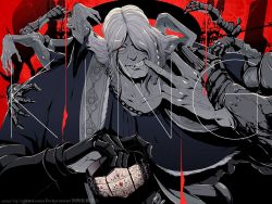 Rule 34 | crown, elden ring, extra arms, finger in own mouth, gauntlets, godrick the grafted, grin, highres, holding, holding crown, josh rayda, king (vocaloid), looking at viewer, one eye closed, red eyes, red theme, smile, solo, vocaloid