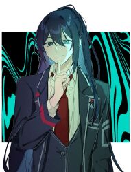 Rule 34 | 1boy, aojiru oisiiiii, aqua eyes, black coat, black vest, blue hair, closed mouth, coat, collared shirt, finger to mouth, half updo, hand up, heterochromia, highres, hong lu (project moon), limbus company, long hair, long sleeves, looking at viewer, male focus, necktie, project moon, red necktie, shirt, shushing, smile, solo, upper body, very long hair, vest, white shirt, wing collar