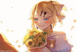 Rule 34 | 1boy, 1girl, aku no musume (vocaloid), allen avadonia, aryuma772, backlighting, blonde hair, blue eyes, blue gemstone, blush, bouquet, bow, brother and sister, choker, colored eyelashes, detached collar, dress, dress bow, earrings, evillious nendaiki, falling petals, flower, gem, hair bow, hair ornament, hairclip, happy, high ponytail, highres, holding, holding bouquet, jacket, jewelry, kagamine len, kagamine rin, off-shoulder dress, off shoulder, open mouth, orange jacket, petals, riliane lucifen d&#039;autriche, rose, siblings, sidelocks, smile, solo focus, sunflower, swept bangs, twins, twitter username, updo, vocaloid, white background, yellow bow, yellow choker, yellow flower, yellow rose