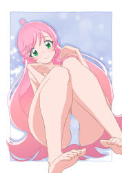 Rule 34 | 1girl, barefoot, braid, cameltoe, closed mouth, commentary, crotch seam, cure prism, dutch angle, feet, floating, green eyes, highres, hirogaru sky! precure, long hair, looking at viewer, magical girl, miyagoe yoshitsuki, nijigaoka mashiro, outside border, panties, pink hair, precure, smile, soles, solo, toes, topless, underwear, underwear only, white panties