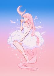 Rule 34 | 1girl, absurdly long hair, absurdres, bird, blue background, breasts, cleavage, cup, dress, drinking, gradient background, highres, holding, holding cup, long hair, medium breasts, meyoco, original, pink background, pink footwear, pink hair, profile, shoes, solo, sparkle, teacup, very long hair, white dress