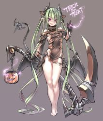 Rule 34 | 1girl, absurdres, bare legs, bare shoulders, barefoot, breasts, deluxe&lt;&lt;&lt;, demon girl, demon horns, demon tail, demon wings, fang, full body, gloves, green hair, grey background, hair between eyes, halloween, highres, horns, jack-o&#039;-lantern, long hair, open mouth, original, pointy ears, pumpkin, purple eyes, ryisu (deluxe&lt;&lt;&lt;), scythe, simple background, small breasts, solo, standing, tail, trick or treat, tsurime, very long hair, weapon, wings
