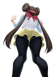 Rule 34 | 1girl, absurdres, ass, back bow, black pantyhose, blue sleeves, bow, breasts, brown hair, clenched hands, creatures (company), double bun, female focus, from behind, from below, game freak, hair bun, hair tie, hands up, hat, highres, kneepits, long hair, medium breasts, nintendo, pantyhose, pink bow, pink hat, pokemon, pokemon bw2, raglan sleeves, rosa (pokemon), shirt, short shorts, shorts, simple background, solo, turiganesou800, twintails, upshorts, very long hair, visor cap, watch, white background, white shirt, wristwatch, yellow shorts