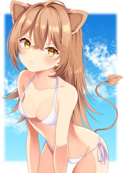 Rule 34 | 1girl, ahoge, animal ears, bad id, bad pixiv id, bare arms, bare shoulders, bikini, breasts, brown hair, closed mouth, collarbone, cowboy shot, frown, halterneck, highres, indie virtual youtuber, leaning forward, lion ears, lion girl, lion tail, long hair, looking at viewer, noa (hkgbkk8), orange eyes, rurudo lion, side-tie bikini bottom, small breasts, solo, standing, strap gap, string bikini, swimsuit, tail, v-shaped eyebrows, virtual youtuber, white bikini
