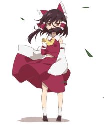 Rule 34 | 1girl, ascot, black hair, bow, commentary request, covered mouth, detached sleeves, frilled bow, frills, full body, hair bow, hair over mouth, hair tubes, hakurei reimu, leaf, leon (mikiri hassha), looking at viewer, midriff peek, navel, orange eyes, red bow, red shirt, red skirt, shirt, sidelocks, simple background, skirt, solo, standing, touhou, white background, wide sleeves, wind, yellow ascot
