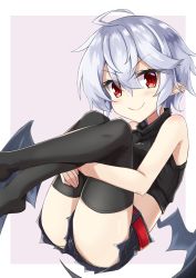 Rule 34 | 1girl, ahoge, akisome hatsuka, alternate costume, bare arms, bat wings, belt, black shirt, black shorts, black thighhighs, blue hair, blush, commentary request, crop top, crossed legs, cutoffs, grey background, hair between eyes, high collar, hugging own legs, knees to chest, leaning back, leg lift, light blush, looking at viewer, midriff, no headwear, no shoes, panties, pantyshot, pointy ears, red hair, remilia scarlet, shirt, short hair, short shorts, shorts, simple background, sitting, sleeveless, sleeveless shirt, smile, solo, thighhighs, touhou, underwear, upshorts, wings, yellow panties