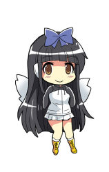 Rule 34 | 10s, 1girl, blunt bangs, boots, bow, brown eyes, brown hair, colonel aki, cosplay, fairy wings, gentoo penguin (kemono friends), gentoo penguin (kemono friends) (cosplay), hair bow, hands up, headphones, hood, hood down, hoodie, kemono friends, long hair, long sleeves, looking at viewer, pleated skirt, sidelocks, skirt, smile, solo, star sapphire, touhou, white background, wings