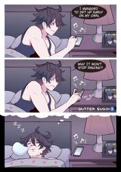 Rule 34 | 1boy, 3koma, beamed eighth notes, bed, black hair, blanket, butter sugoi, cellphone, comic, commentary, dreaming, eighth note, english commentary, english text, heart, highres, lamp, musical note, nightstand, nose bubble, original, phone, photo (object), pillow, red eyes, sleeping, smartphone, solo