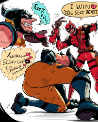 2boys amputee ass beard belt black_gloves blood blue_gloves bodysuit boots clenched_hand commentary_request deadpool deadpool_&amp;_wolverine deadpool_(series) english_text facial_hair gloves growling heart highres looking_at_another male_focus marvel marvel_cinematic_universe mask mask_lift multiple_boys muscular muscular_male om85549 on_one_knee open_mouth pectorals red_bodysuit red_mask severed_arm severed_limb sleeveless smile speech_bubble squatting standing superhero_costume sweatdrop utility_belt wolverine_(x-men) x-men yaoi yellow_bodysuit